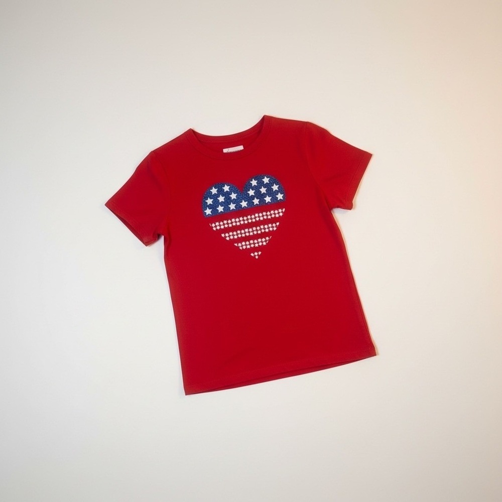 Girls Red American Flag Glitter Heart Short Sleeve T-Shirt Patriotic Tee